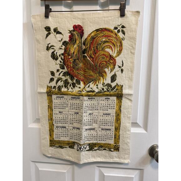 Vintage Linen Tea Towel 1969 Calendar Rooster Red Green 25”X 16” - Picture 1 of 6